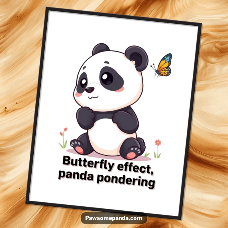 Funny Free Printable Wall Art features a curious panda tilting its head, watching a butterfly with fascination.