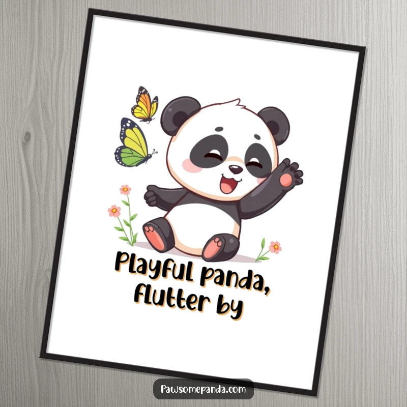 Funny Free Printable Wall Art: A panda playfully batting at a butterfly, capturing a sweet moment in nature.
