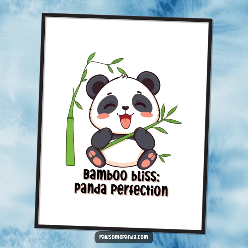 Kawaii Free Printable Wall Art: A charming panda character blissfully enjoying a fresh stalk of bamboo.