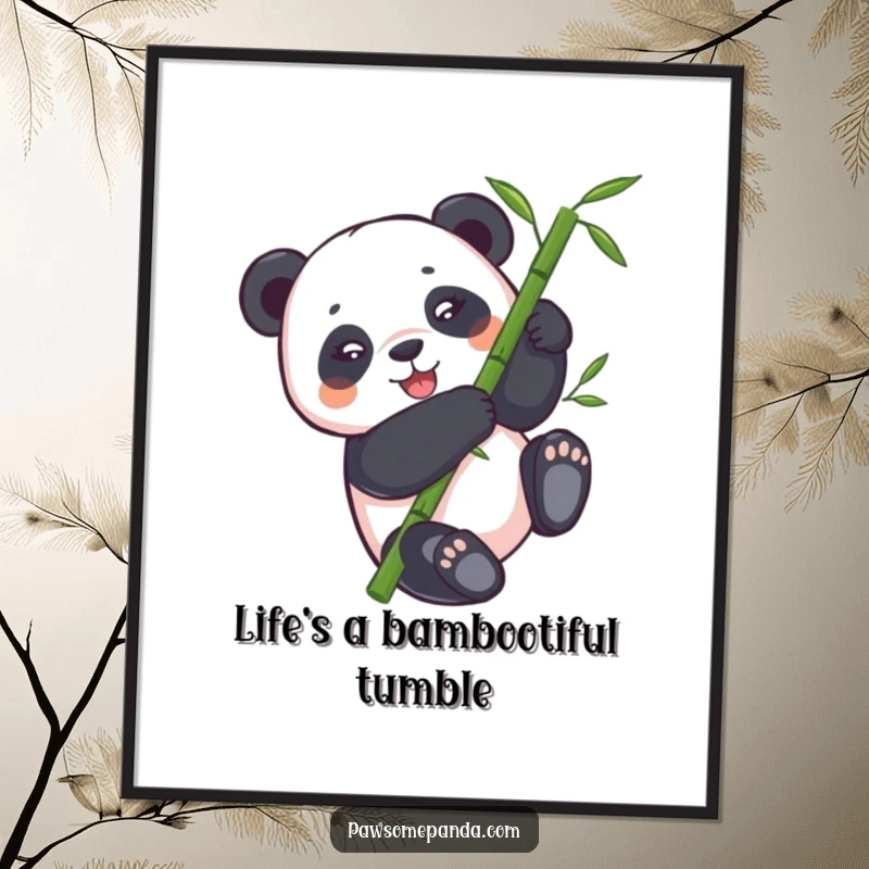 Funny Free Printable Wall Art: Adorable panda bear joyfully tumbling down a lush green bamboo stalk, captured in a moment of pure freedom.