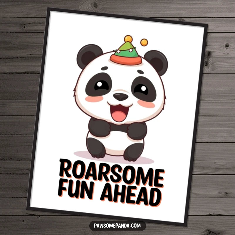 Funny Free Printable Wall Art: A stocky panda roaring with a tiny, askew party hat, bringing festive humor to any wall.