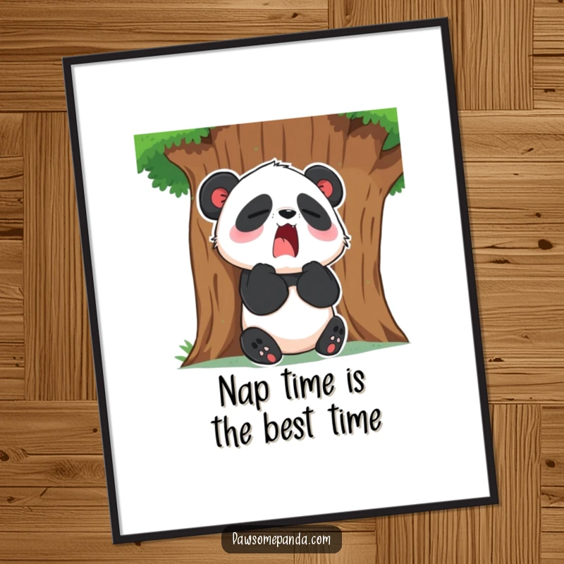 Funny Free Printable Wall Art: Sleepy panda leaning against a tree, yawning large, a humorous and tranquil scene.