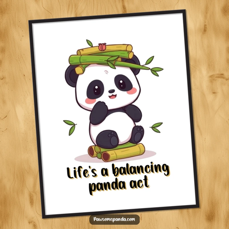 Funny Free Printable Wall Art: A panda skillfully balances an impressively tall stack of bamboo shoots, creating a humorous and artistic display.