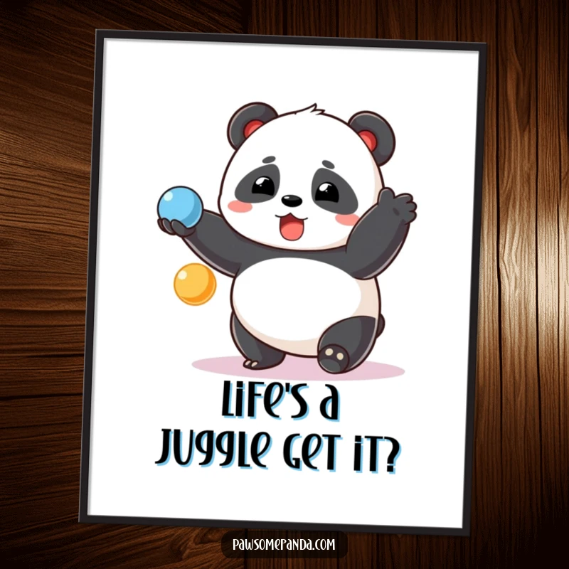 Funny free printable wall art: a chubby panda with a wide, surprised grin expertly juggling colorful balls, a humorous decor piece.