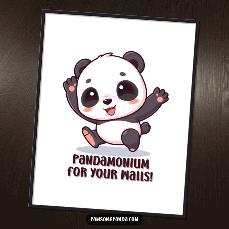 Funny Free Printable Wall Art of a cute panda character performing a joyful little hop, bringing positive vibes.