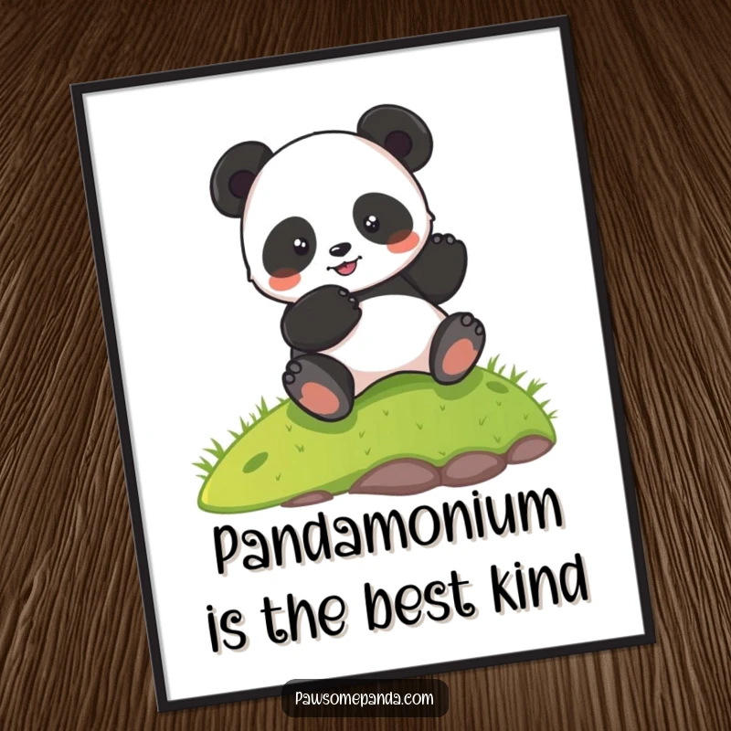 Funny Free Printable Wall Art: A whimsical panda character joyfully tumbling down a vibrant green hill, full of glee.