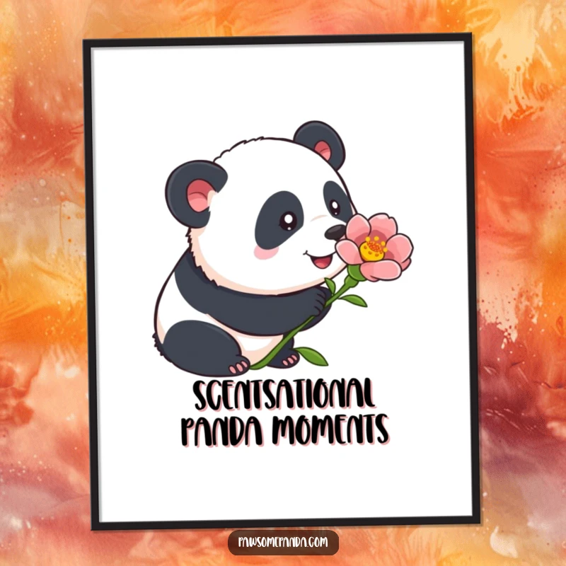 Funny Free Printable Wall Art: a panda with attentive ears curiously sniffing a bright, blooming flower in detail.