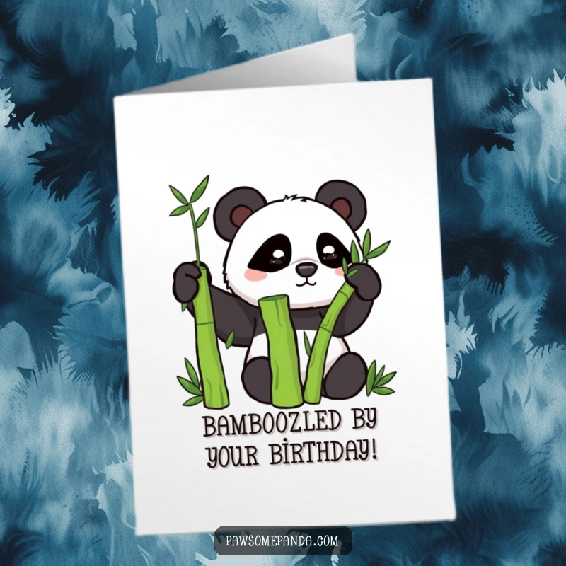Funny Free Printable Birthday Card: Mischievous panda hiding behind a bamboo stalk, peeking with a playful grin. Downloadable delight.