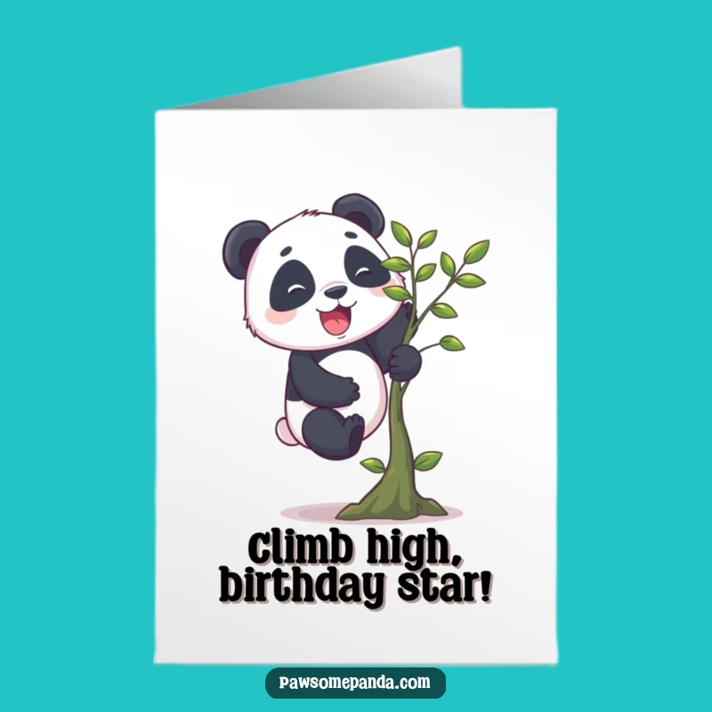 Free Printable Birthday Card: Funny Panda Climbing Tree, Cheerful Downloadable Gift