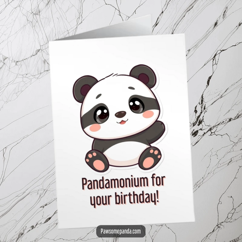 Funny Free Printable Birthday Card: a panda character looking up with wide, curious eyes, ready for birthday fun.