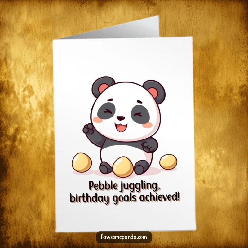 Funny Free Printable Birthday Card: Happy panda with a big grin tries to juggle shiny pebbles, a delightful downloadable greeting.
