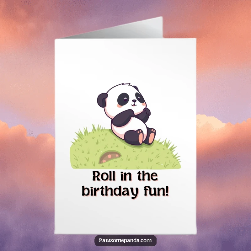 Funny Free Printable Birthday Card: A happy panda joyfully rolls down a green grassy hill, spreading birthday cheer.