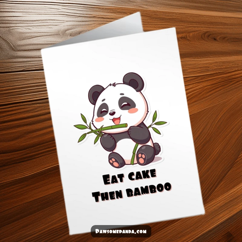 Funny Free Printable Birthday Card: A cute panda joyfully munching on fresh bamboo, embodying pure happiness.
