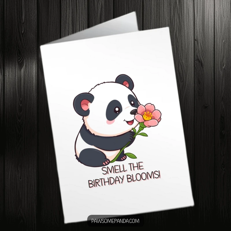 Funny Free Printable Birthday Card: a panda curiously sniffing a vibrant blooming flower, ears perked with interest.