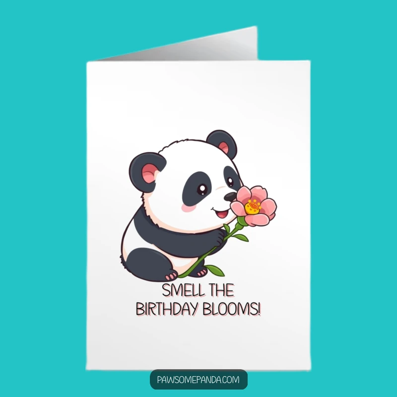 Free Printable Birthday Card: Panda Sniffs Flower - Funny Downloadable Gift