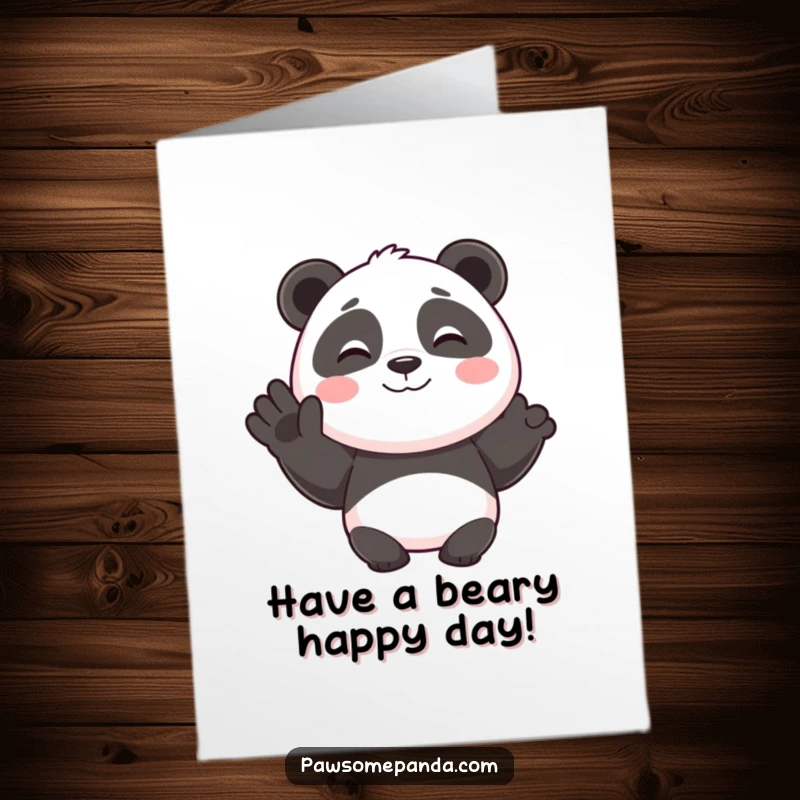 Funny Free Printable Birthday Card: A smiling panda enthusiastically giving a friendly wave, radiating pure happiness.