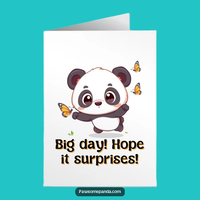 Free Printable Birthday Card: Surprised Panda Chasing Butterfly, Funny Downloadable Gift