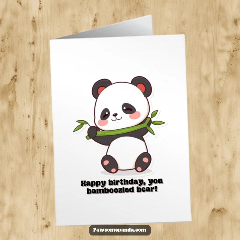 Funny free printable birthday card featuring a playful panda trying to balance a tall stalk of bamboo, looking determined.