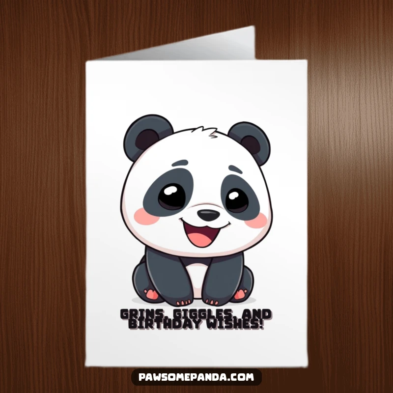 Funny Free Printable Birthday Card featuring a panda with a huge, wide, goofy grin, ready to party.