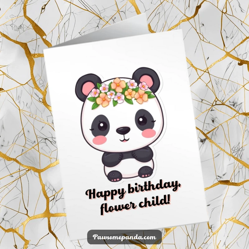 Funny Free Printable Birthday Card: A cute panda adorned with a tiny flower crown, celebrating with floral flair.