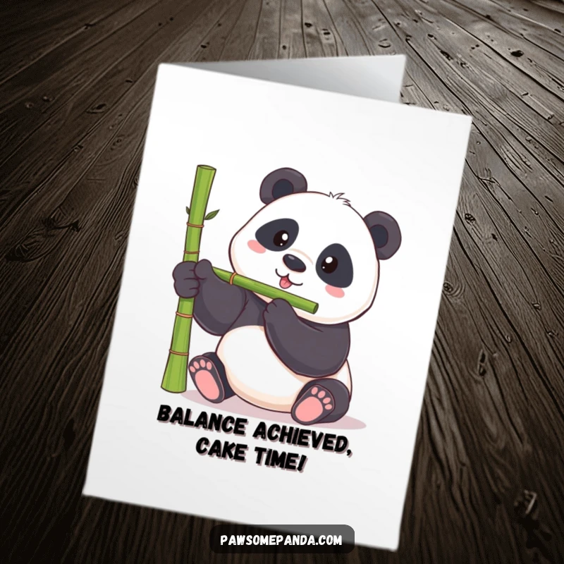 Funny Free Printable Birthday Card: Chubby panda bear with intense focus, trying to balance a large bamboo shoot on its nose.