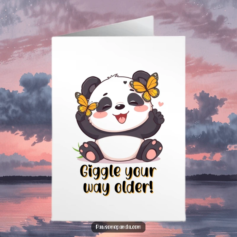 Funny Free Printable Birthday Card: An adorable panda bear giggling uncontrollably as a colorful butterfly tickles its nose with its wings.