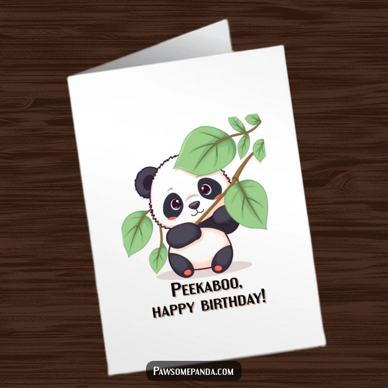 Funny Free Printable Birthday Card: A curious panda bear peeking its head out mischievously from behind a large, vibrant green leafy fan.