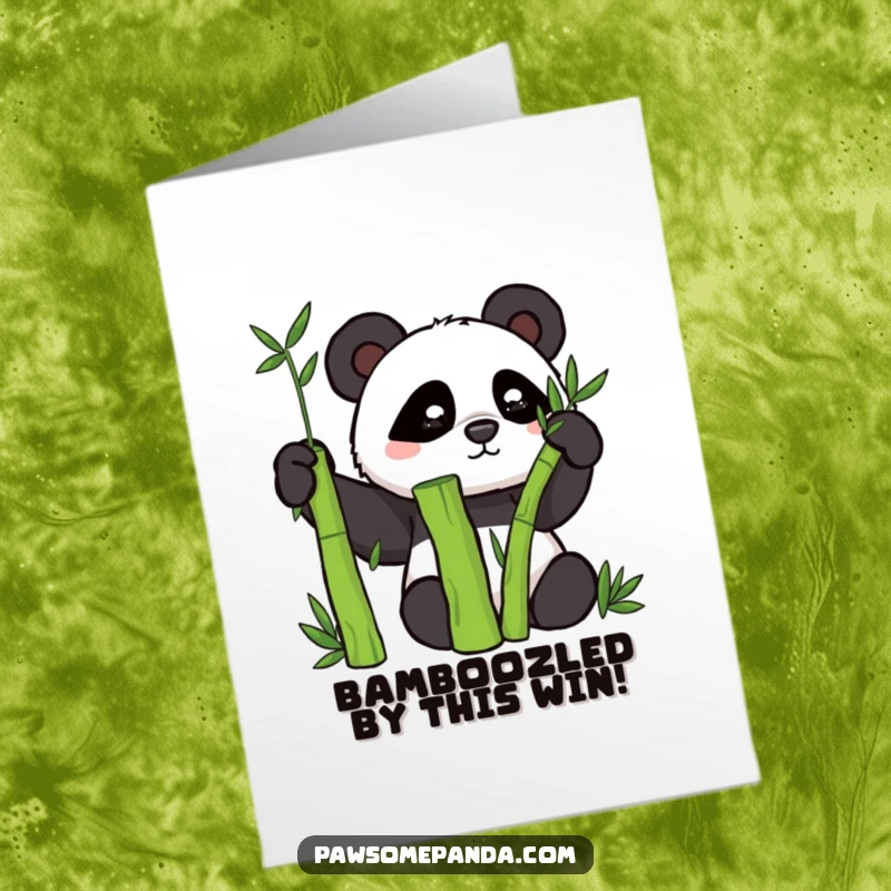 Funny Free Printable Congrats Card: Mischievous panda peeking from behind a bamboo stalk, with a cheeky smile. Downloadable celebration card.