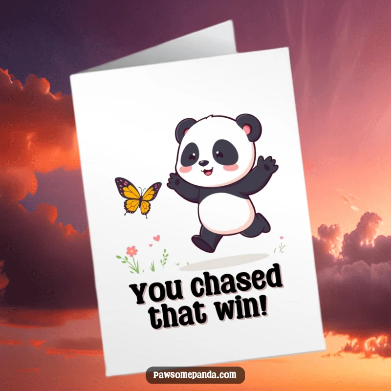 Funny Free Printable Congrats Card: Energetic panda mid-hop, playfully chasing a butterfly, symbolizing joyful pursuit of goals.