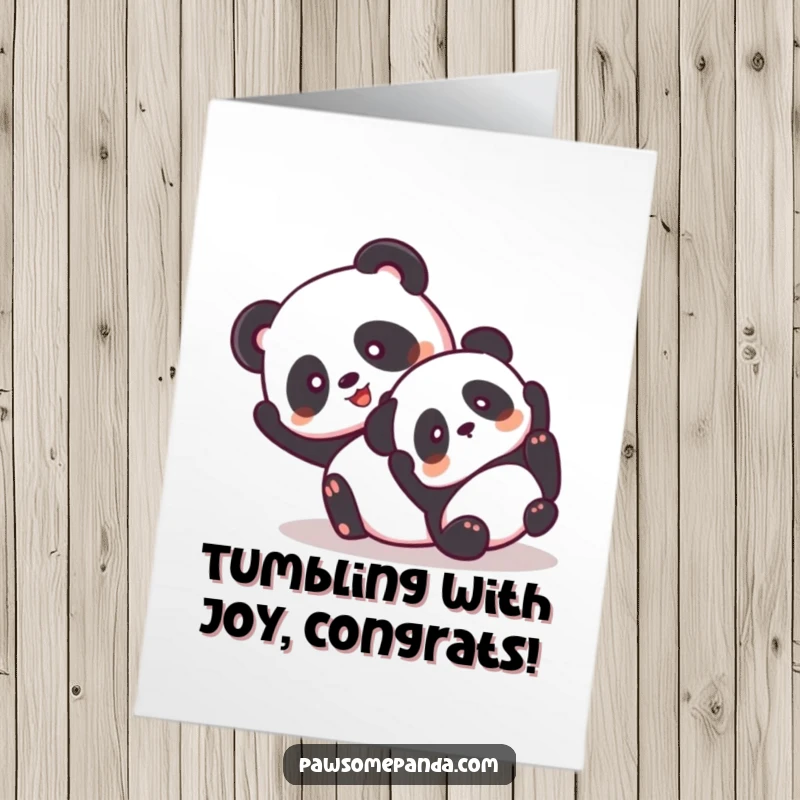 Funny Free Printable Congrats Card: Two giddy pandas hilariously tumbling together, conveying pure excitement. Exuberant downloadable congratulations.