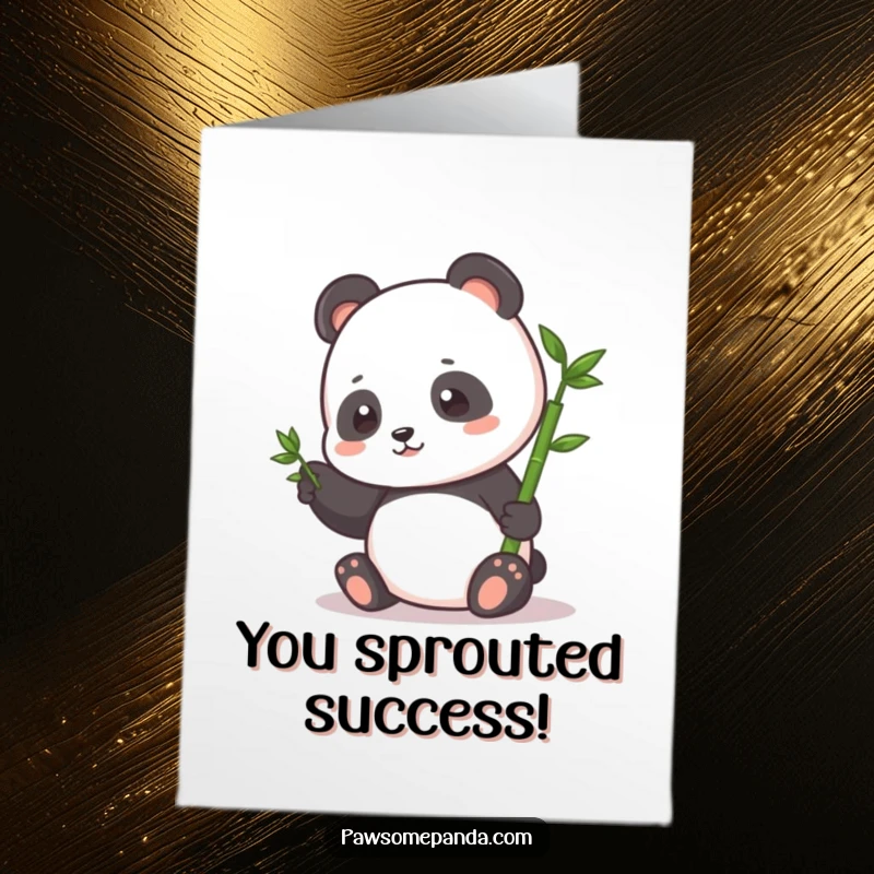 Funny Free Printable Congrats Card: Happy panda pats a tiny bamboo sprout, a humorous symbol of flourishing success.