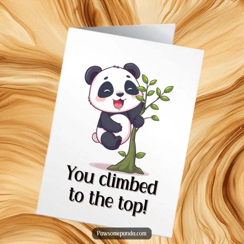 Free Printable Congratulations Card: A stubby-legged panda enthusiastically climbs a tiny tree, a funny downloadable card for success.