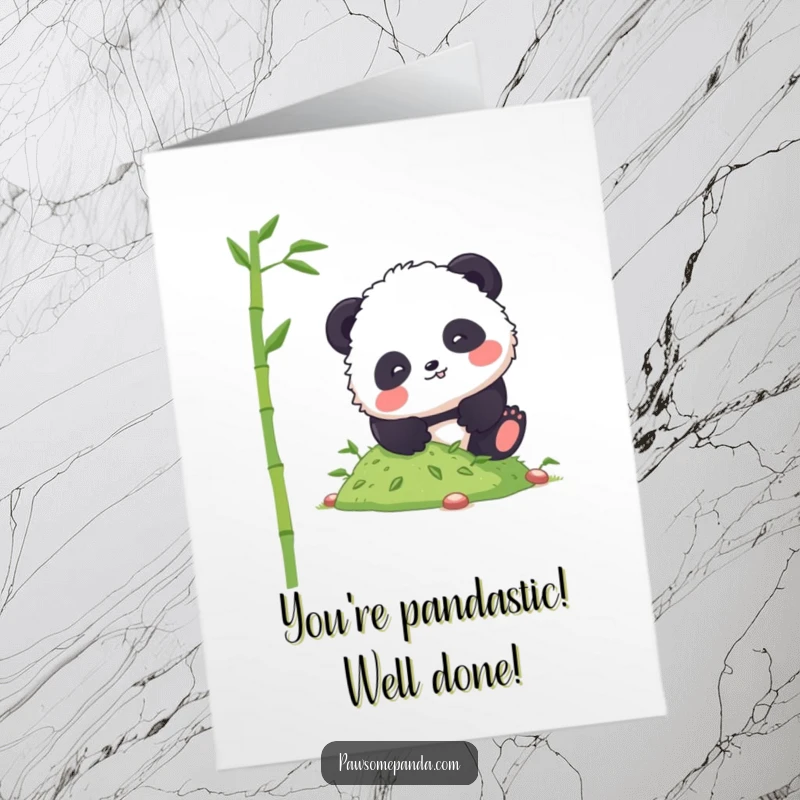 Free Printable Congratulations Card: A fluffy panda comically in mid-tumble down a slope covered in bamboo shoots.
