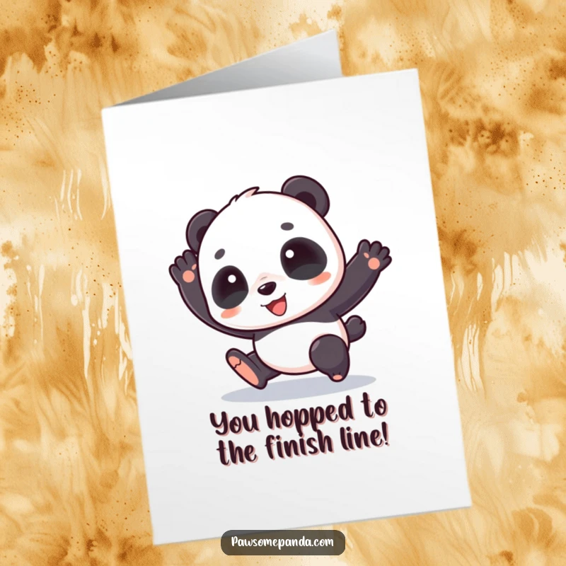 Funny Free Printable Congratulations Card showing a happy panda character doing a lively hop, perfect for any celebration.