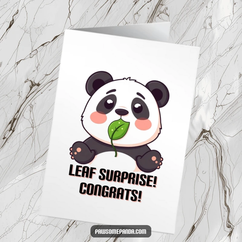 Funny Free Printable Congrats Card: Surprised panda with a leaf stuck to its nose, expressing shock. Great downloadable achievement card.