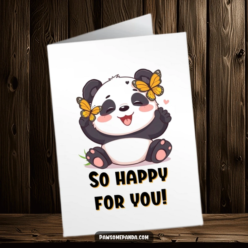 Funny Free Printable Congratulations Card: A happy panda bear in stitches, eyes closed in laughter, being tickled by a delicate butterfly.