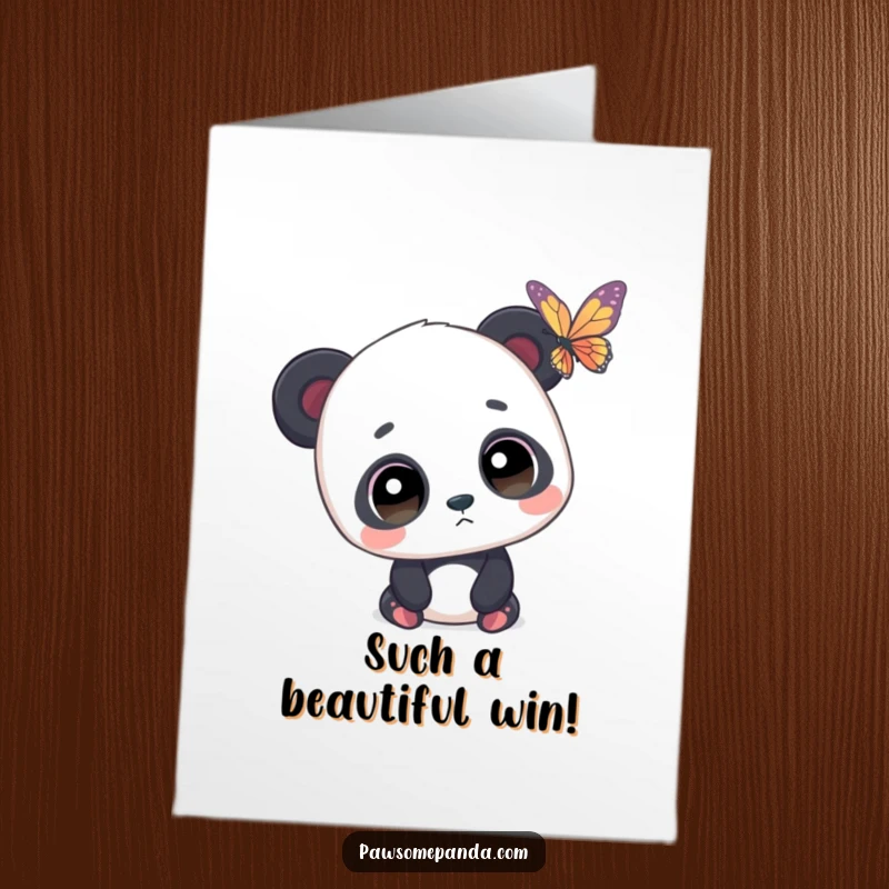 Funny Free Printable Congratulations Card: A panda looks with wide, innocent eyes at a beautiful butterfly in awe.
