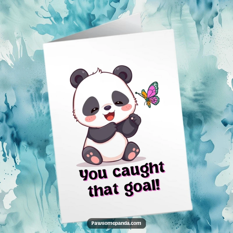 Funny Free Printable Congratulations Card: A giggling panda attempts to catch a fluttering butterfly, a comical and celebratory image.