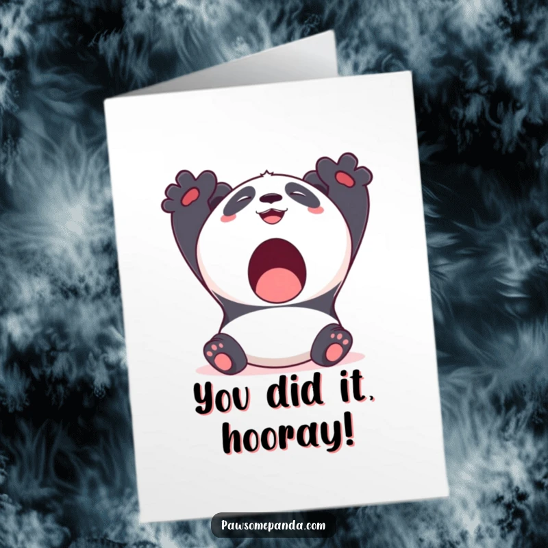 Funny free printable congratulations card, a kawaii panda bear stretching with a big yawn and a smile, celebrating calmly.