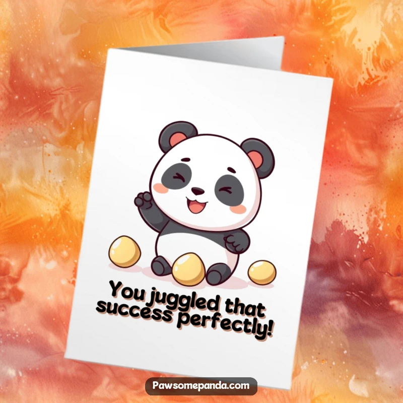 Free Printable Congratulations Card: A cheerful panda juggles pebbles energetically, a funny downloadable card for celebrating achievements.