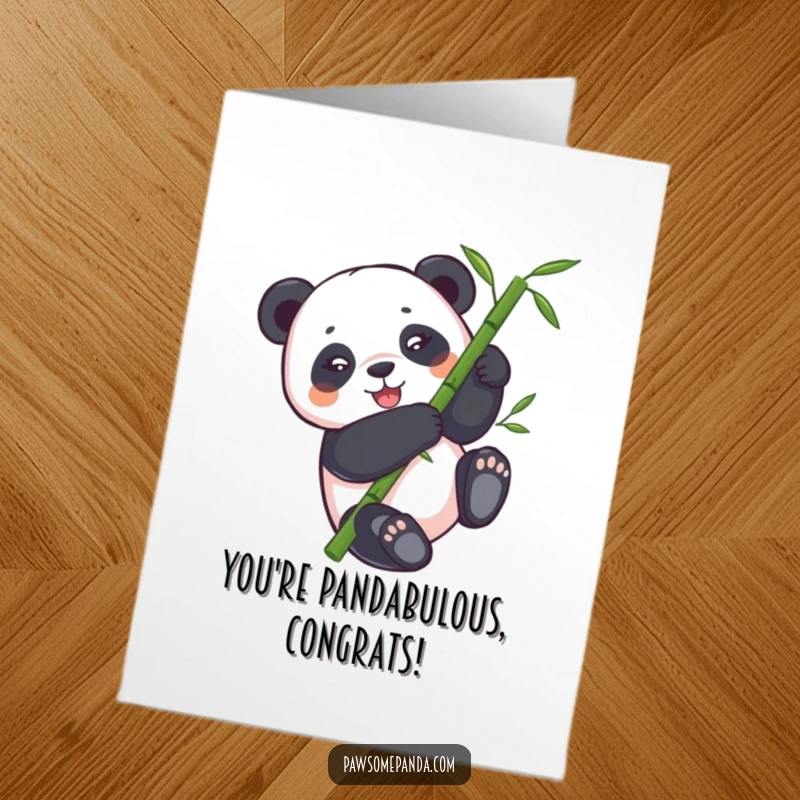Funny Free Printable Congratulations Card: Excited panda bear gleefully rolling down a bamboo stalk, celebrating a win with pure abandon.