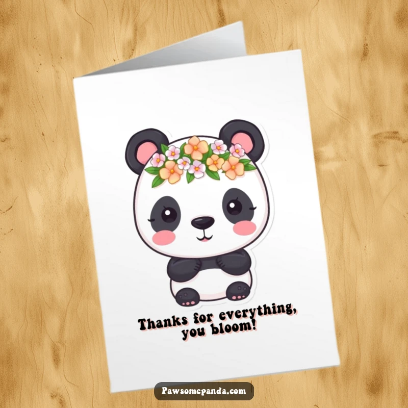 Funny Free Printable Thank You Card: A panda with a delicate flower crown, offering thanks with sweet, floral elegance.