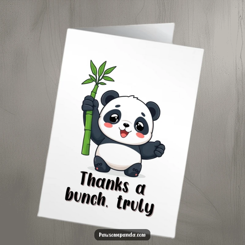 Funny Free Printable Thank You Card: Panda holding bamboo triumphantly, expressing genuine appreciation.