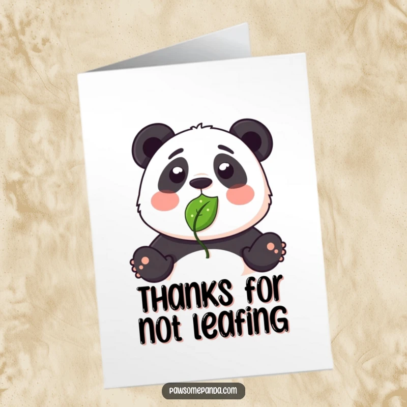 Funny Free Printable Thank You Card: Surprised panda with a leaf stuck to its nose, looking bewildered. Heartwarming downloadable appreciation.