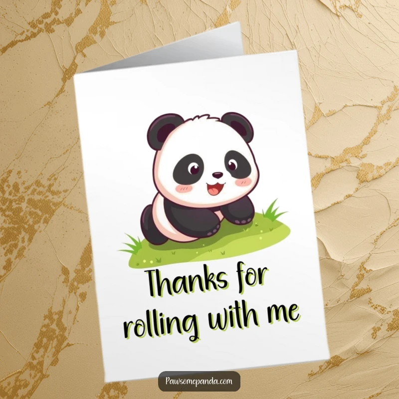 Funny Free Printable Thank You Card: Kawaii panda cub enthusiastically rolling down a grassy hill, expressing thanks.