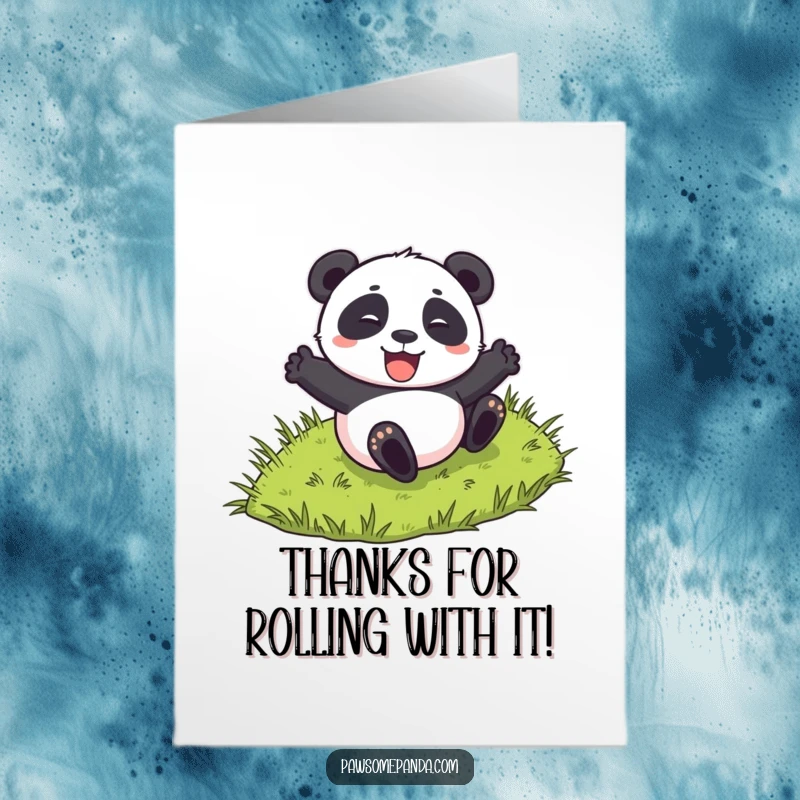Funny Free Printable Thank You Card: An excited panda character rolling with glee down a grassy hillside.