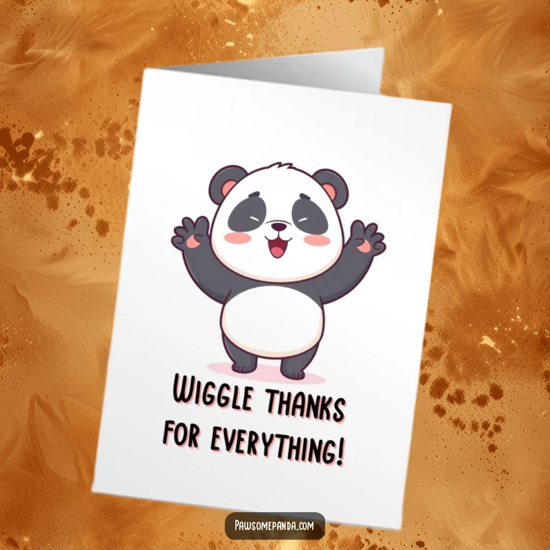 Funny free printable thank you card featuring a kawaii panda bear doing a comical wiggle dance to express thanks.