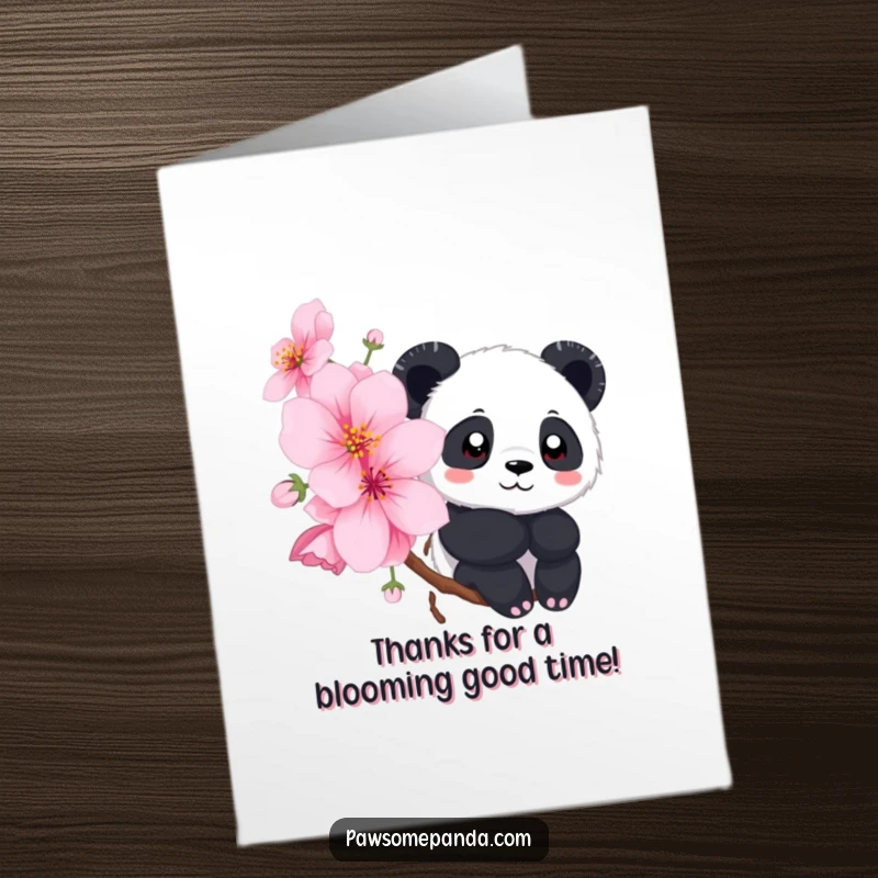 Free Printable Thank You Card: A sweet panda peeking from behind a large cherry blossom, a downloadable token of thanks.