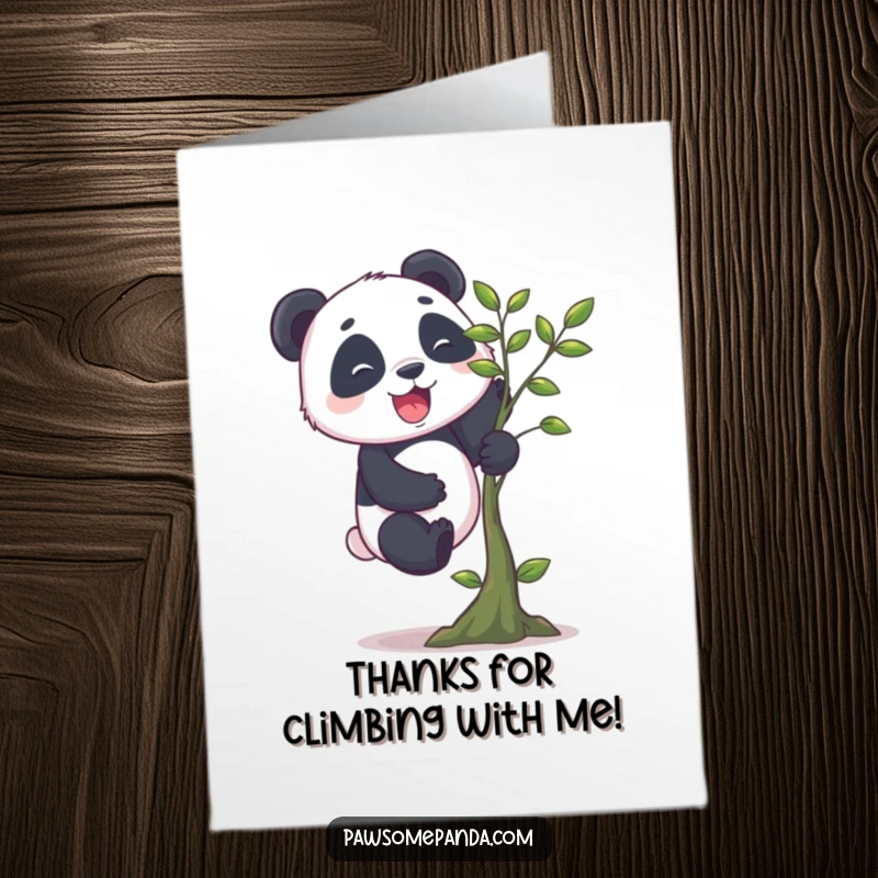 Funny Free Printable Thank You Card: A panda with short legs climbs a small tree, a humorous downloadable way to say thanks.