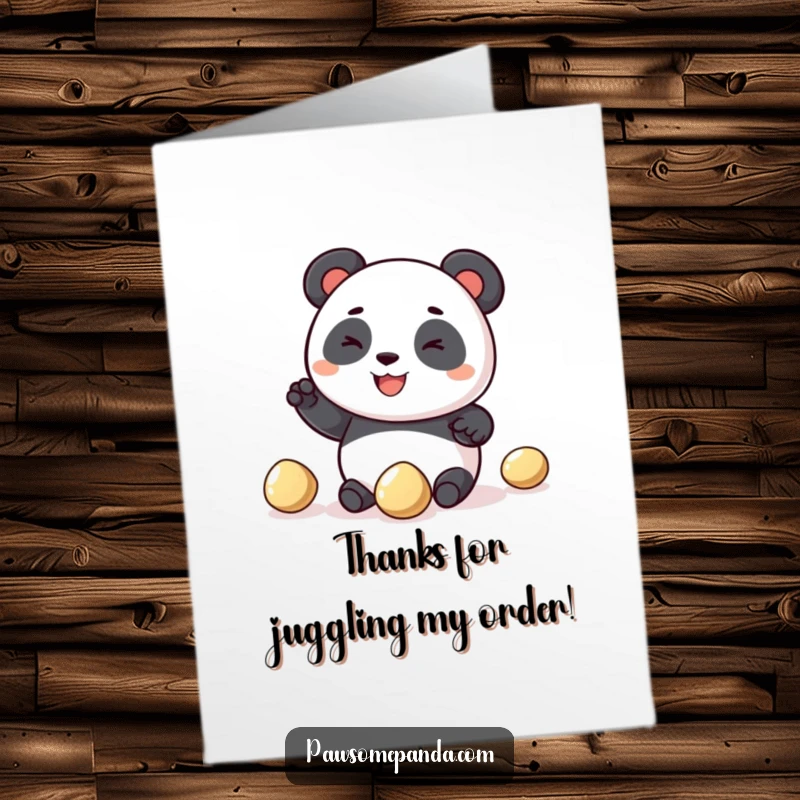 Funny Free Printable Thank You Card: A panda awkwardly juggles pebbles, expressing thanks with a humorous downloadable design.